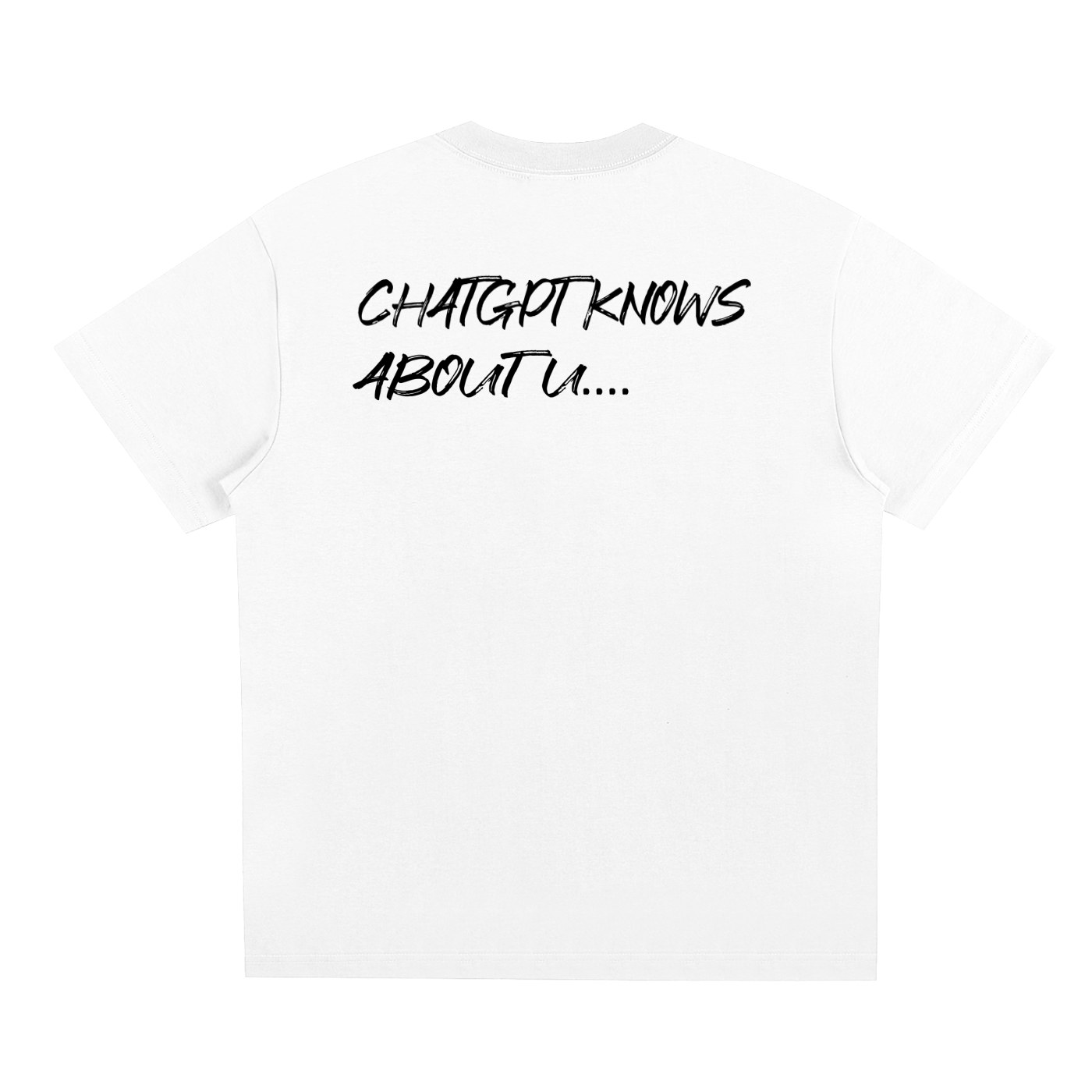 white oversized graphic t shirt with back text knows about you minimalist streetwear
