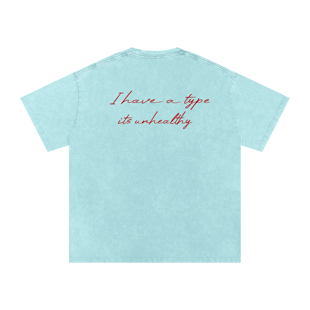 Light blue t-shirt with red text on a white background