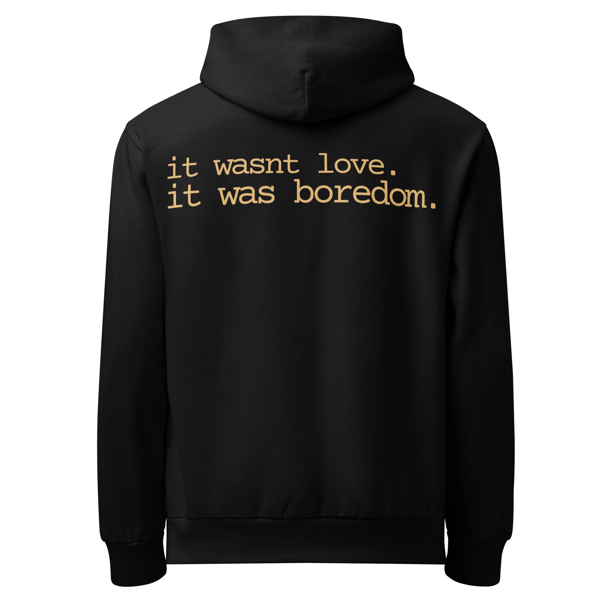 black oversized graphic hoodie with back text minimalist streetwear
